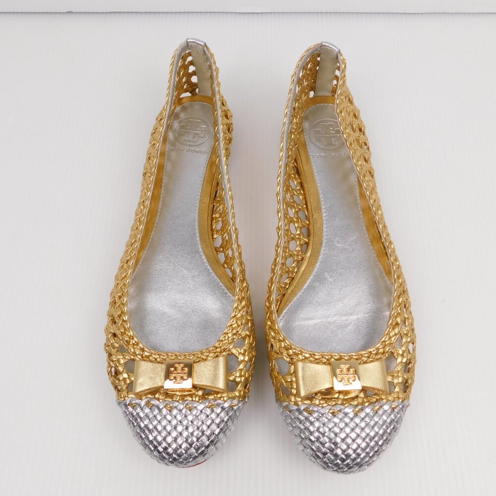 Tory Burch Gold and Silver Flats with Bow 7.5 (22326)